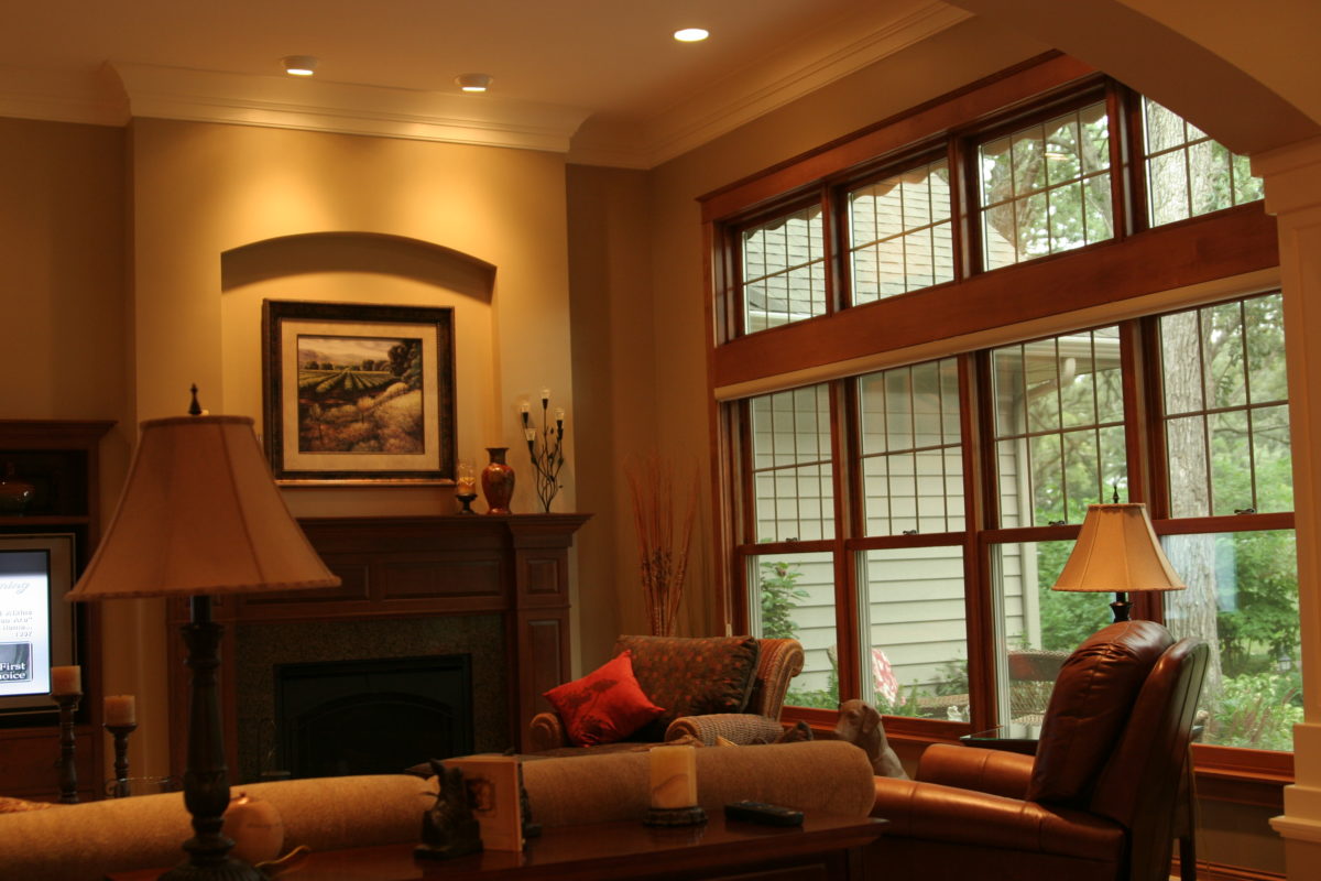 Great Room Fireplace and Floor to Ceiling Windows